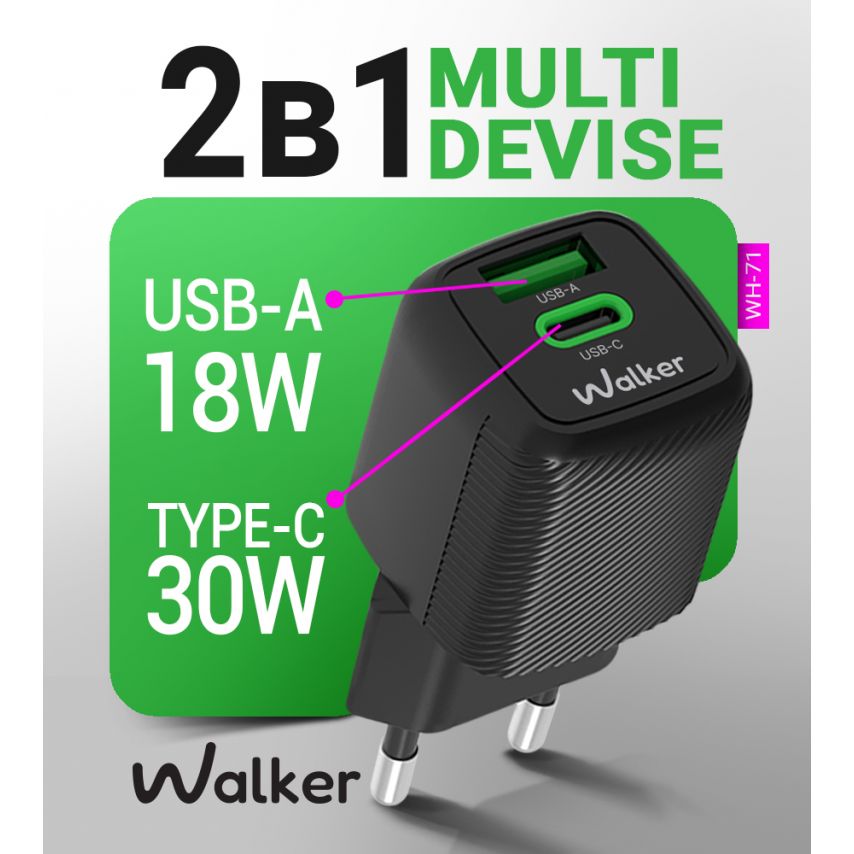 Мережевий зарядний пристрій (адаптер) 2в1 WALKER WH-71 GAN 30W + Data Cable Type-C to Type-C black