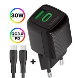 Мережевий зарядний пристрій (адаптер) 2в1 WALKER WH-71 GAN 30W + Data Cable Type-C to Type-C black