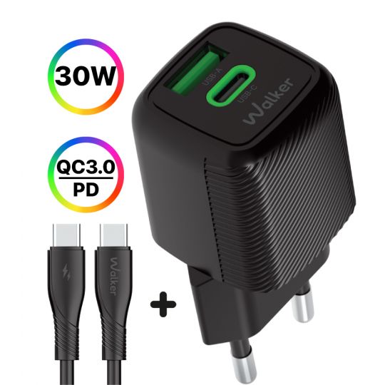 Сетевое зарядное устройство (адаптер) 2в1 WALKER WH-71 GAN 30W + Data Cable Type-C to Type-C black - купить за 660.07 грн в Киеве, Украине