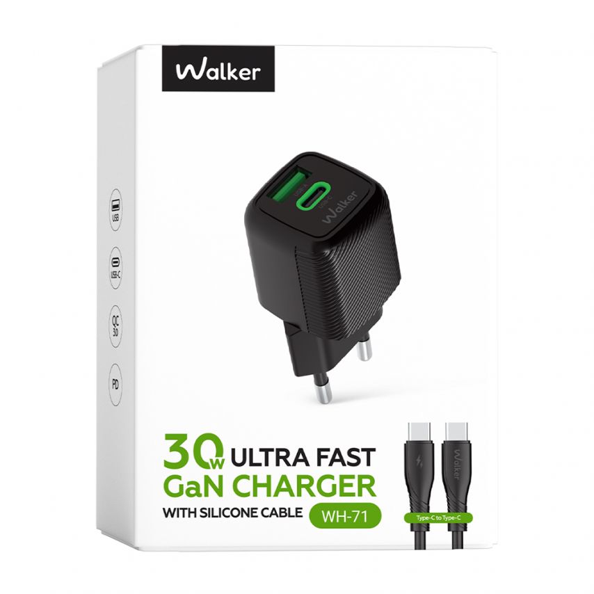 Мережевий зарядний пристрій (адаптер) 2в1 WALKER WH-71 GAN 30W + Data Cable Type-C to Type-C black