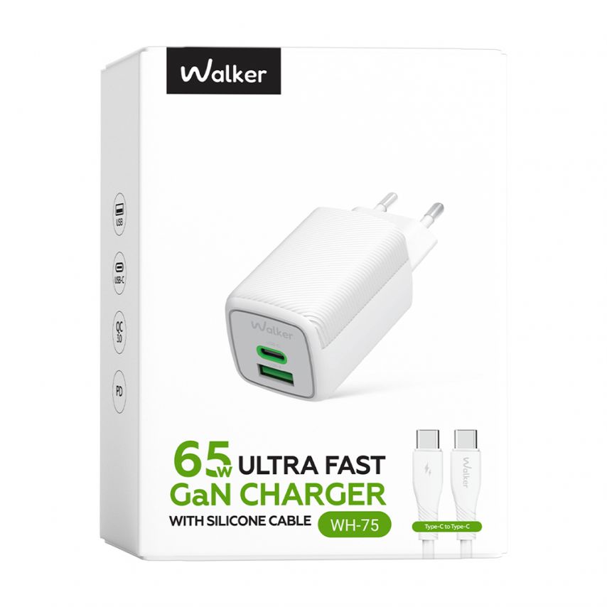 Сетевое зарядное устройство (адаптер) 2в1 WALKER WH-75 GAN 65W + Data Cable Type-C to Type-C white