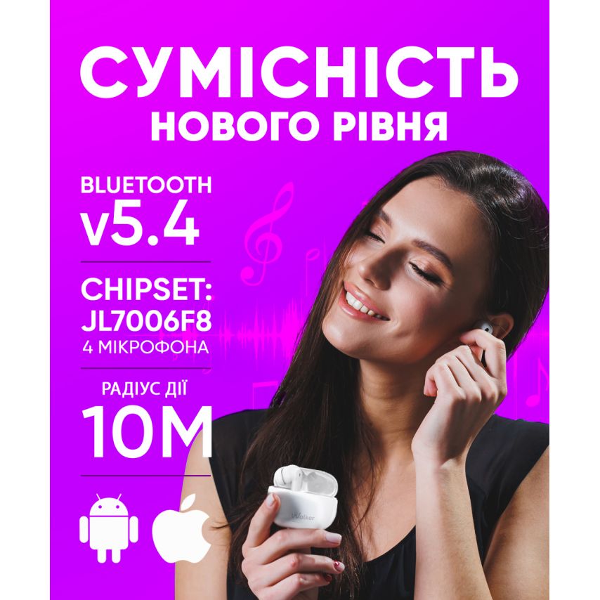 Навушники Bluetooth WALKER WTS-67 ANC+ENC white
