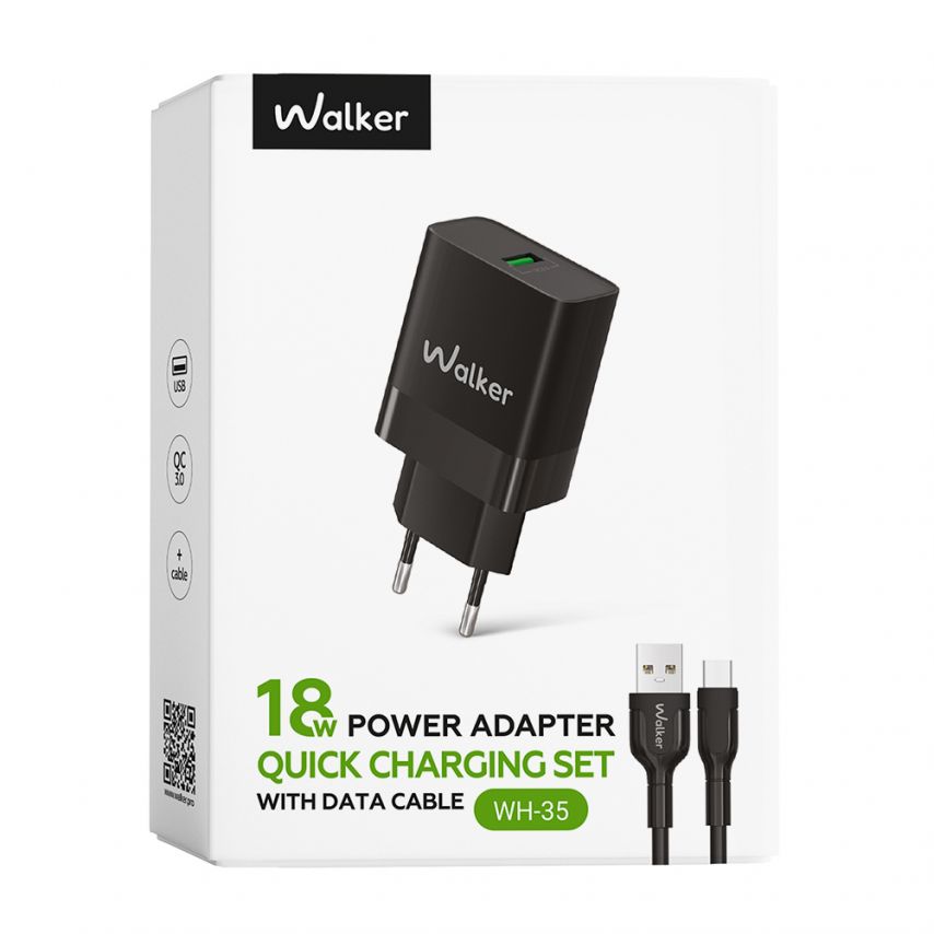 Сетевое зарядное устройство (адаптер) 2в1 WALKER WH-35 1USB / QC3.0 / 3A / 18W + Data Cable USB to Lightning black