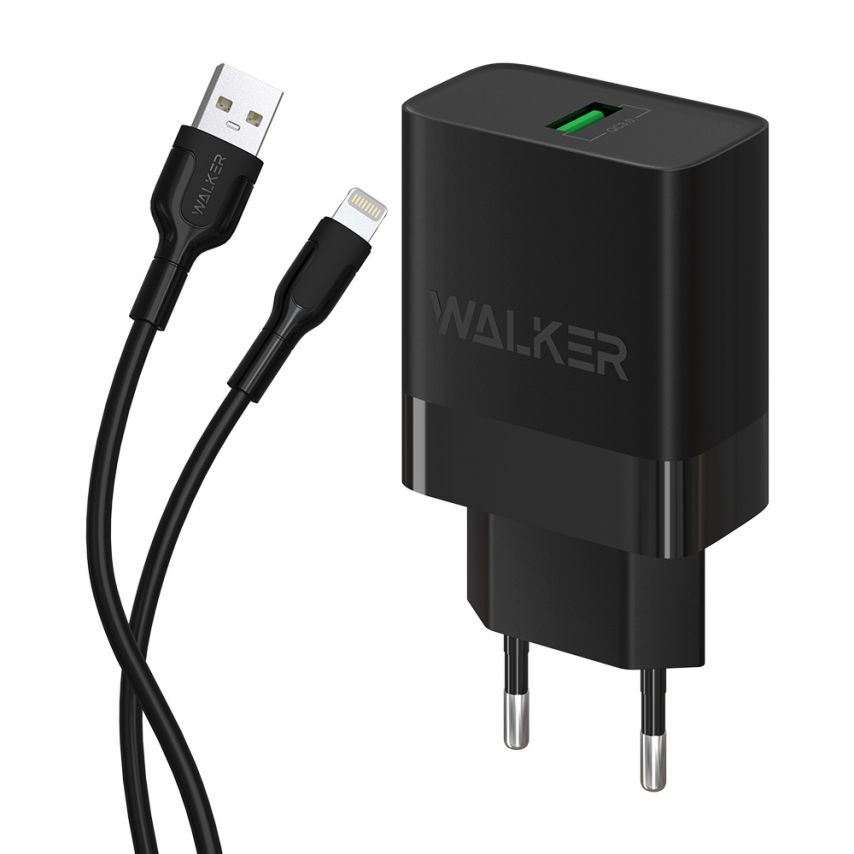 Сетевое зарядное устройство (адаптер) 2в1 WALKER WH-35 1USB / QC3.0 / 3A / 18W + Data Cable USB to Lightning black