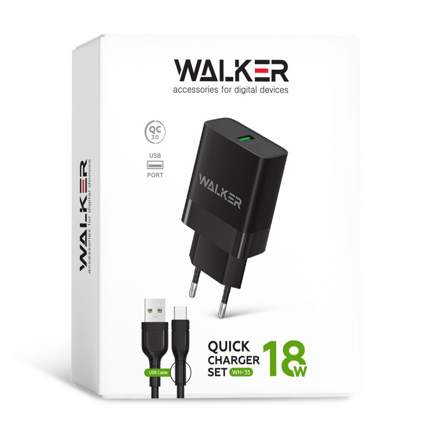 Сетевое зарядное устройство (адаптер) 2в1 WALKER WH-35 1USB / QC3.0 / 3A / 18W + Data Cable USB to Lightning black