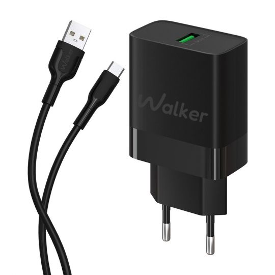 Мережевий зарядний пристрій (адаптер) 2в1 WALKER WH-35 1USB / QC3.0 / 3A / 18W + Data Cable USB to Micro black - купити за 266.26 грн у Києві, Україні