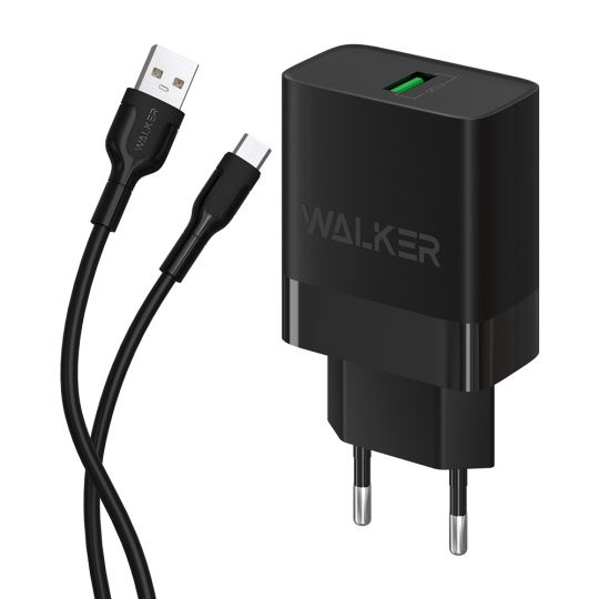 Сетевое зарядное устройство (адаптер) 2в1 WALKER WH-35 1USB / QC3.0 / 3A / 18W + Data Cable USB to Micro black - купить за 262.70 грн в Киеве, Украине