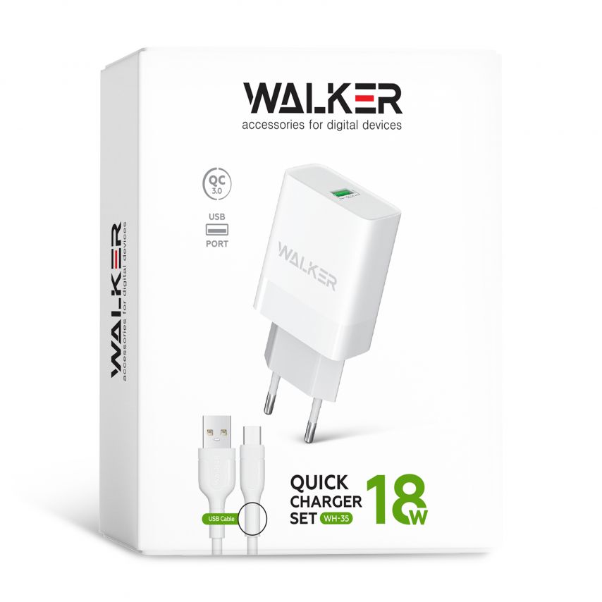 Сетевое зарядное устройство (адаптер) 2в1 WALKER WH-35 1USB / QC3.0 / 3A / 18W + Data Cable USB to Micro white