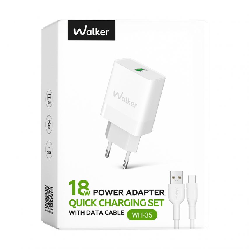 Сетевое зарядное устройство (адаптер) 2в1 WALKER WH-35 1USB / QC3.0 / 3A / 18W + Data Cable USB to Type-C white