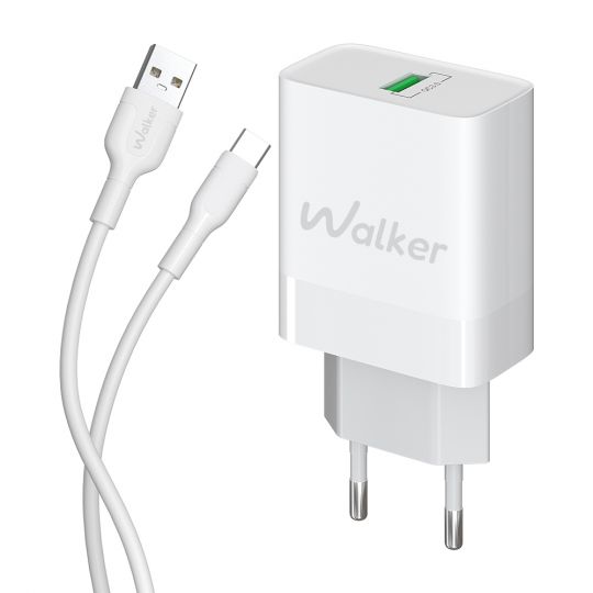Мережевий зарядний пристрій (адаптер) 2в1 WALKER WH-35 1USB / QC3.0 / 3A / 18W + Data Cable USB to Type-C white - купити за 277.03 грн у Києві, Україні