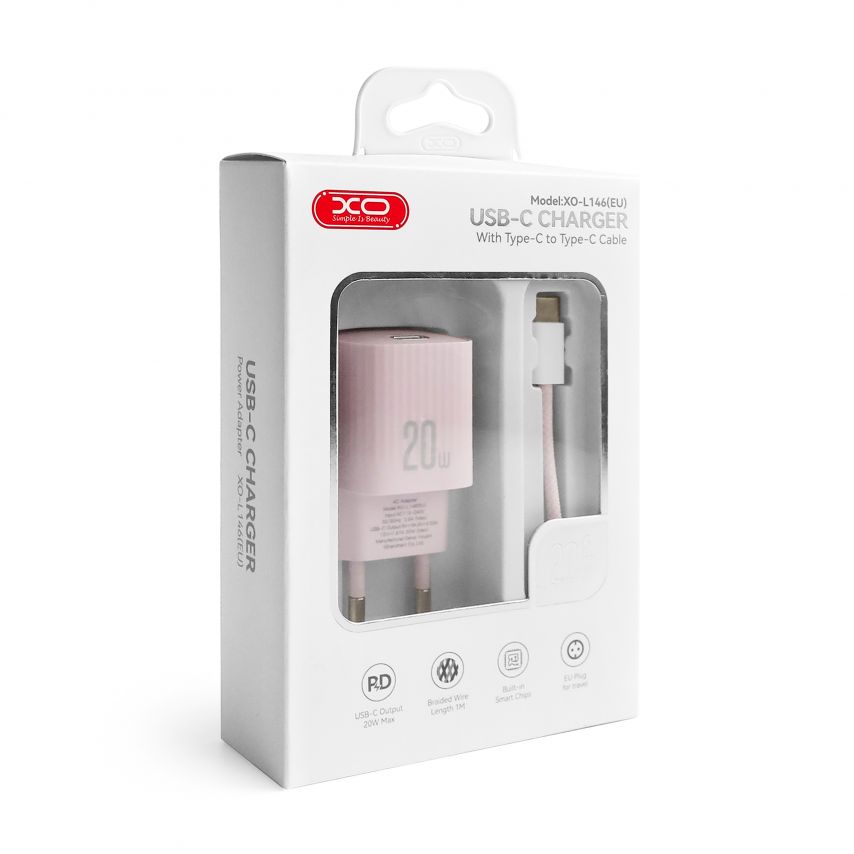 Сетевое зарядное устройство (адаптер) 2в1 XO L146 PD_20W + Data Cable Type-C to Type-C purple