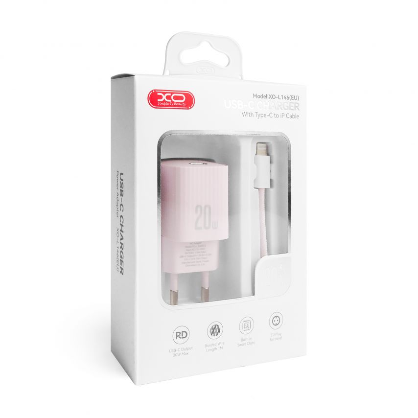 Мережевий зарядний пристрій (адаптер) 2в1 XO L146 PD_20W + Data Cable Type-C to Lightning purple