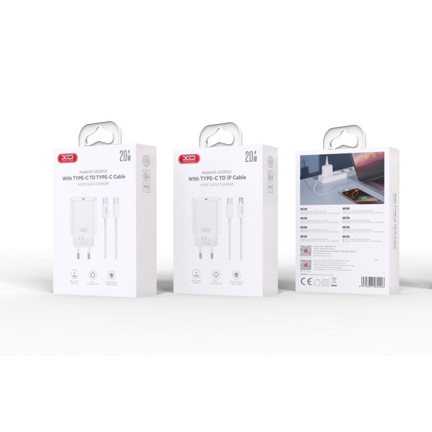 Сетевое зарядное устройство (адаптер) 2в1 XO CE32 PD_20W + Data Cable Type-C to Type-C white
