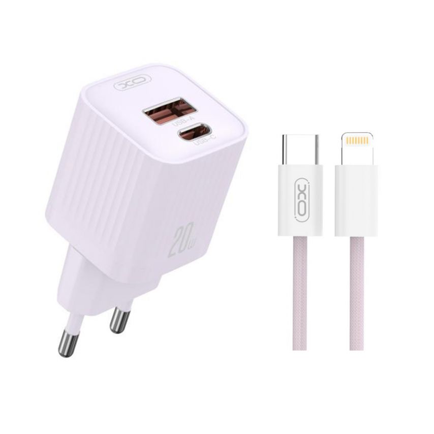 Сетевое зарядное устройство (адаптер) 2в1 XO L147 PD_20W / QC3.0_18W + Data Cable Type-C to Lightning purple