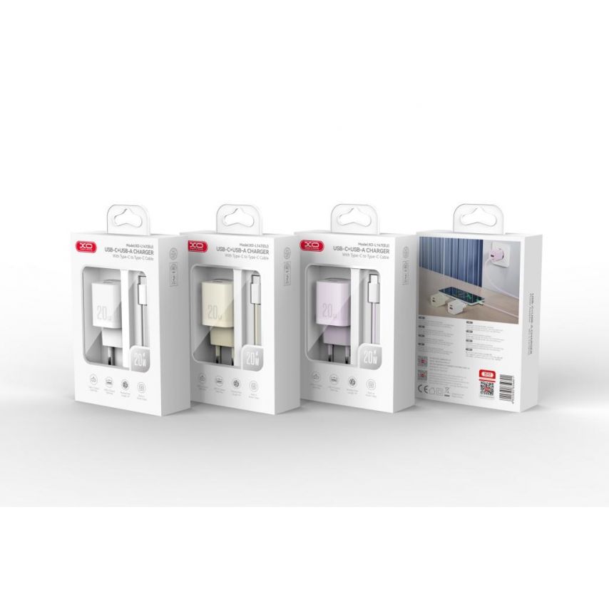 Сетевое зарядное устройство (адаптер) 2в1 XO L147 PD_20W / QC3.0_18W + Data Cable Type-C to Type-C beige