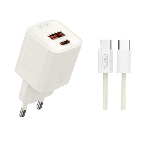 Сетевое зарядное устройство (адаптер) 2в1 XO L147 PD_20W / QC3.0_18W + Data Cable Type-C to Type-C beige - купить за 310.10 грн в Киеве, Украине