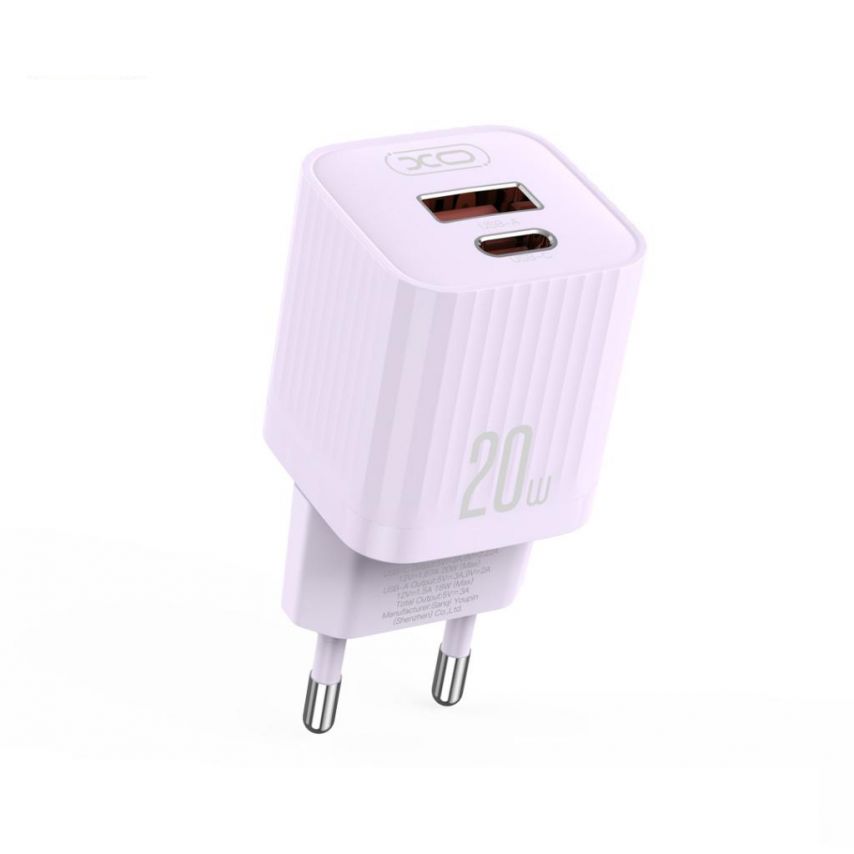Мережевий зарядний пристрій (адаптер) 2в1 XO L147 PD_20W / QC3.0_18W+ Data Cable Type-C to Type-C purple