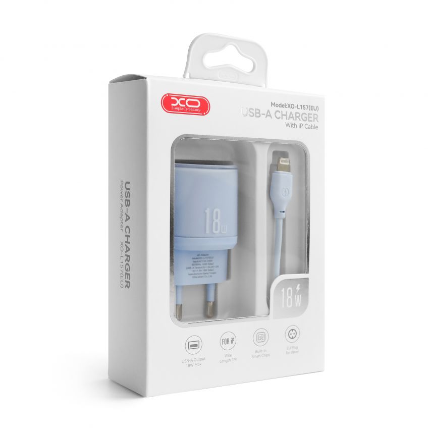 Мережевий зарядний пристрій (адаптер) 2в1 XO L157 1USB/QC3.0/18W + Data Cable USB to Lightning blue
