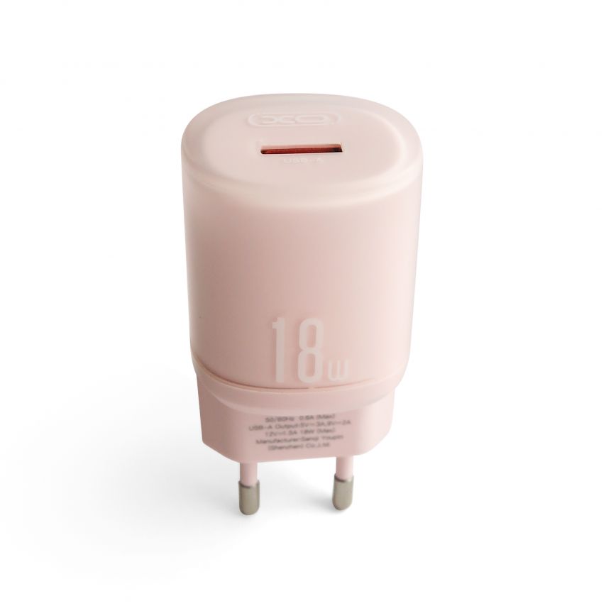 Мережевий зарядний пристрій (адаптер) 2в1 XO L157 1USB/QC3.0/18W + Data Cable USB to Lightning pink
