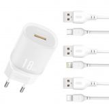 Сетевое зарядное устройство (адаптер) 2в1 XO L157 1USB / QC3.0 / 18W + Data Cable USB to Type-C white