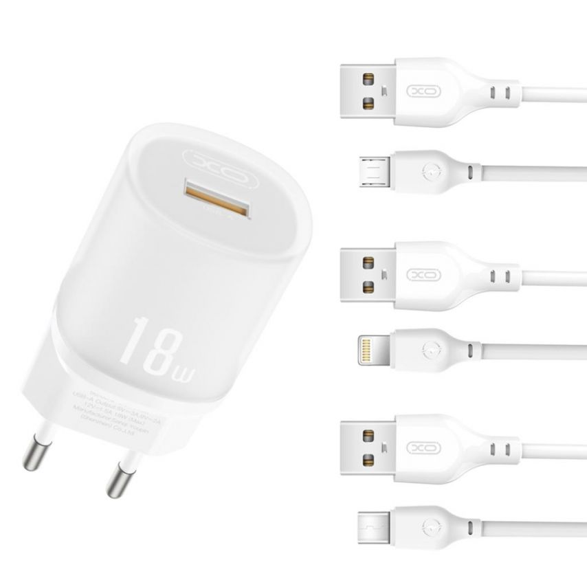 Сетевое зарядное устройство (адаптер) 2в1 XO L157 1USB / QC3.0 / 18W + Data Cable USB to Type-C white