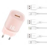 Сетевое зарядное устройство (адаптер) 2в1 XO L157 1USB / QC3.0 / 18W + Data Cable USB to Type-C pink