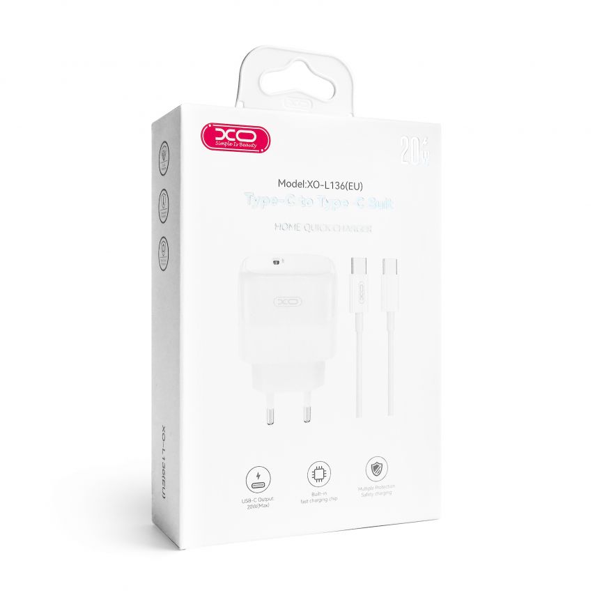 Сетевое зарядное устройство (адаптер) 2в1 XO L136 PD_20W + Data Cable Type-C to Type-C white