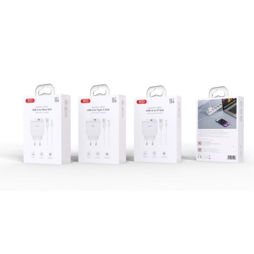 Мережевий зарядний пристрій (адаптер) 2в1 XO L135 1USB / QC3.0 / 18W + Data Cable USB to Lightning white