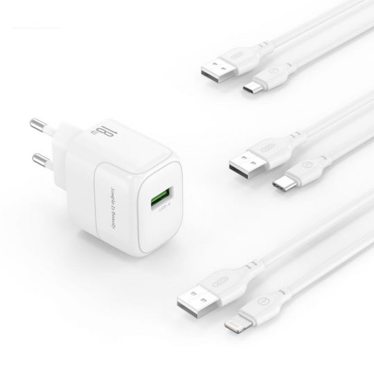 Сетевое зарядное устройство (адаптер) 2в1 XO L135 1USB / QC3.0 / 18W + Data Cable USB to Type-C white - купить за 199.35 грн в Киеве, Украине