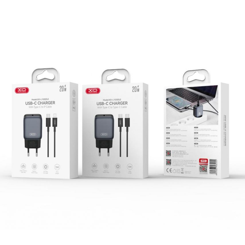 Сетевое зарядное устройство (адаптер) 2в1 XO L153 PD_20W + Data Cable Type-C to Type-C black