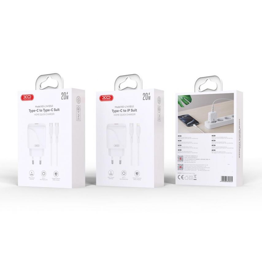 Сетевое зарядное устройство (адаптер) 2в1 XO L141 PD_20W + Data Cable Type-C to Type-C white