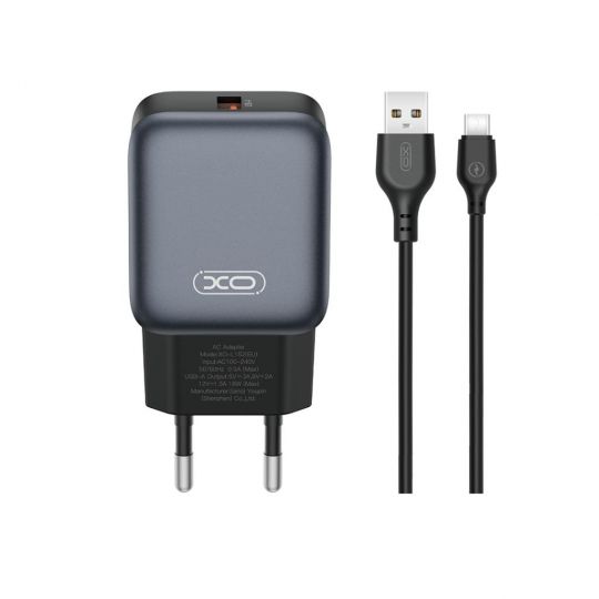 Сетевое зарядное устройство (адаптер) 2в1 XO L152 QC_18W + USB to Type-C black