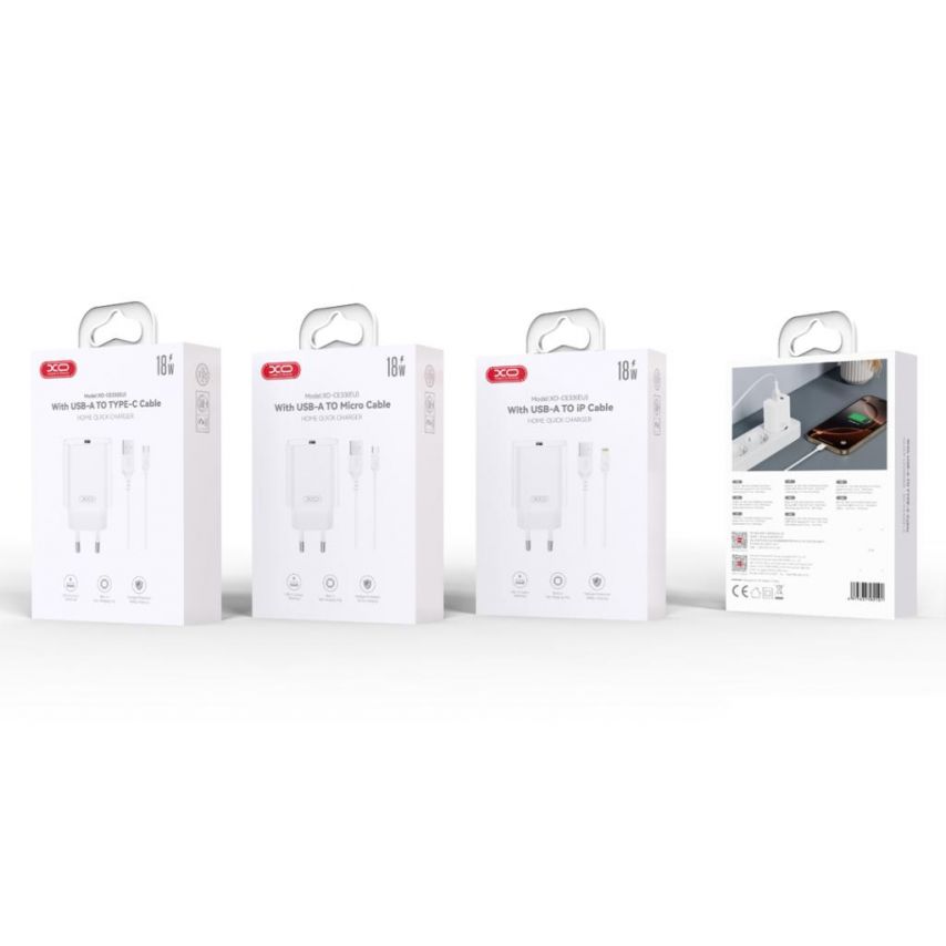 Мережевий зарядний пристрій (адаптер) 2в1 XO CE33 QC_18W + USB to Lightning white