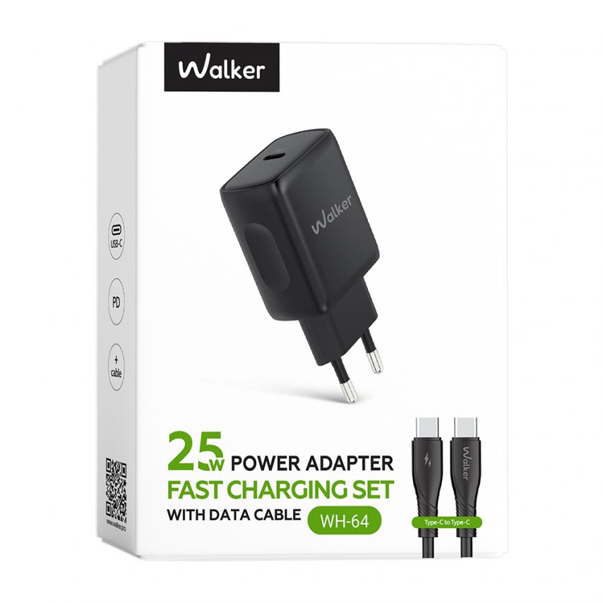 Мережевий зарядний пристрій (адаптер) 2в1 WALKER WH-64 PD_25W + Data Cable Type-C to Type-C black