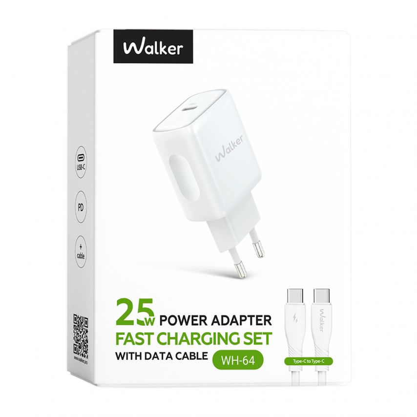 Мережевий зарядний пристрій (адаптер) 2в1 WALKER WH-64 PD_25W + Data Cable Type-C to Type-C white