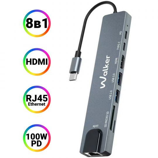 Переходник USB-хаб WALKER WHUB-63 8в1 с разъемом Type-C grey - купить за 642.35 грн в Киеве, Украине