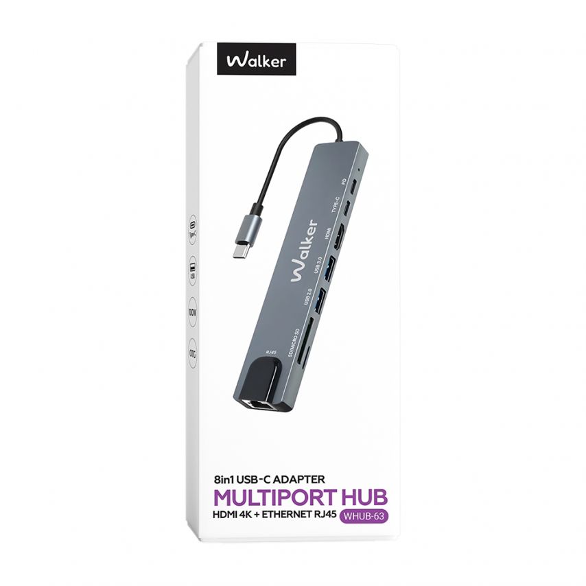 Перехідник USB-хаб WALKER WHUB-63 8в1 з роз'ємом Type-C grey