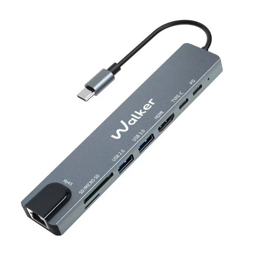 Перехідник USB-хаб WALKER WHUB-63 8в1 з роз'ємом Type-C grey