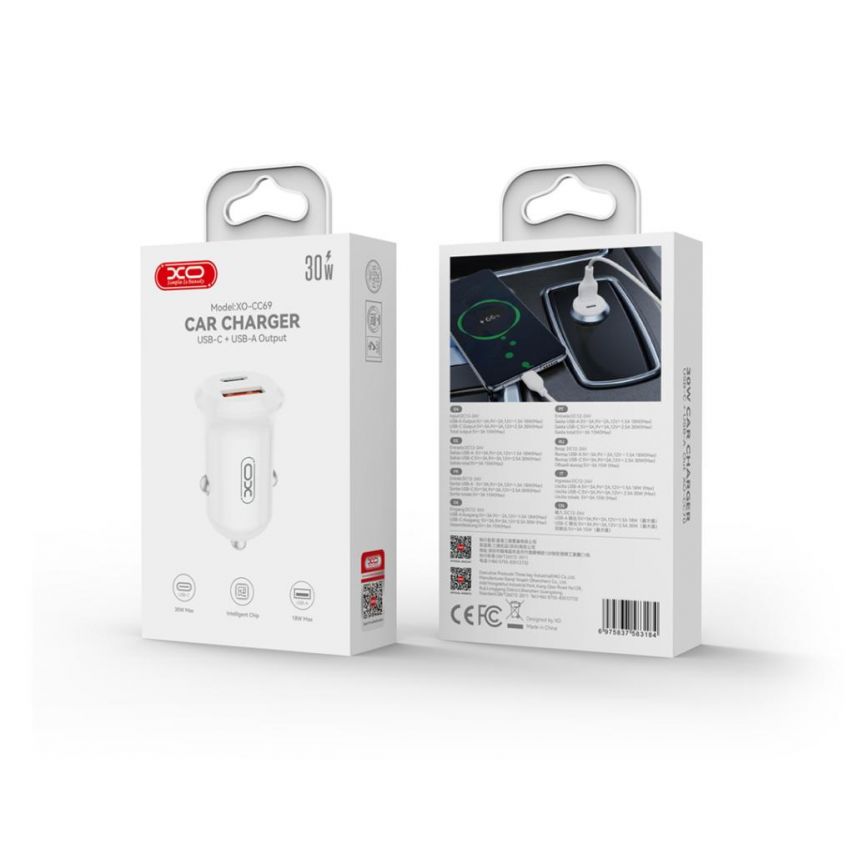 Автомобильное зарядное устройство (адаптер) XO CC69 PD / QC3.0 / 30W white