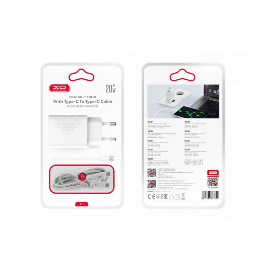 Мережевий зарядний пристрій (адаптер) XO L161 PD_20W / QC3.0_18W + Data Cable Type-C to Type-C white