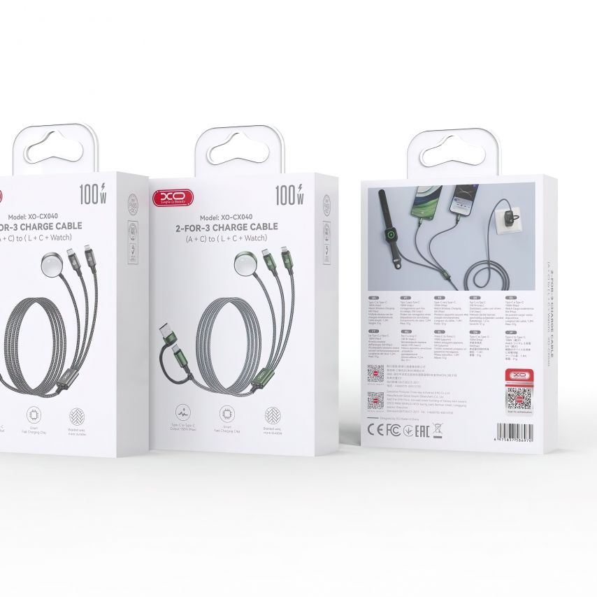 Бездротовий зарядний пристрій XO CX040 USB-A/USB-C 3в1 (AppleWatch + 100W Type-C cable + Lightning cable) black