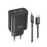 Мережевий зарядний пристрій (адаптер) 2в1 XO L105 2xPD / 35W + Data Cable Type-C to Lightning black