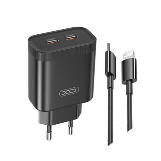 Мережевий зарядний пристрій (адаптер) 2в1 XO L105 2xPD / 35W + Data Cable Type-C to Lightning black