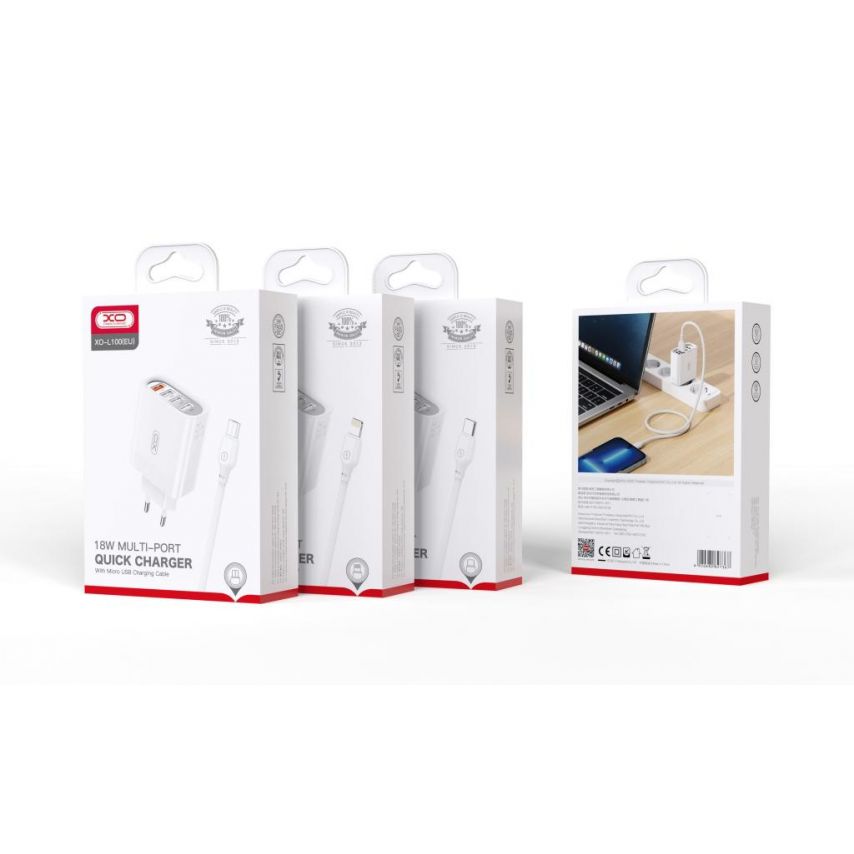Мережевий зарядний пристрій (адаптер) XO L100 4USB / QC3.0 / 3USB_2.4A + Data Cable USB to Type-C white