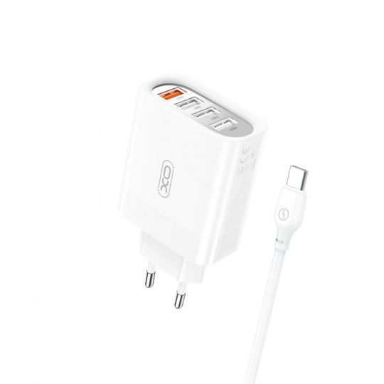 Мережевий зарядний пристрій (адаптер) XO L100 4USB / QC3.0 / 3USB_2.4A + Data Cable USB to Type-C white