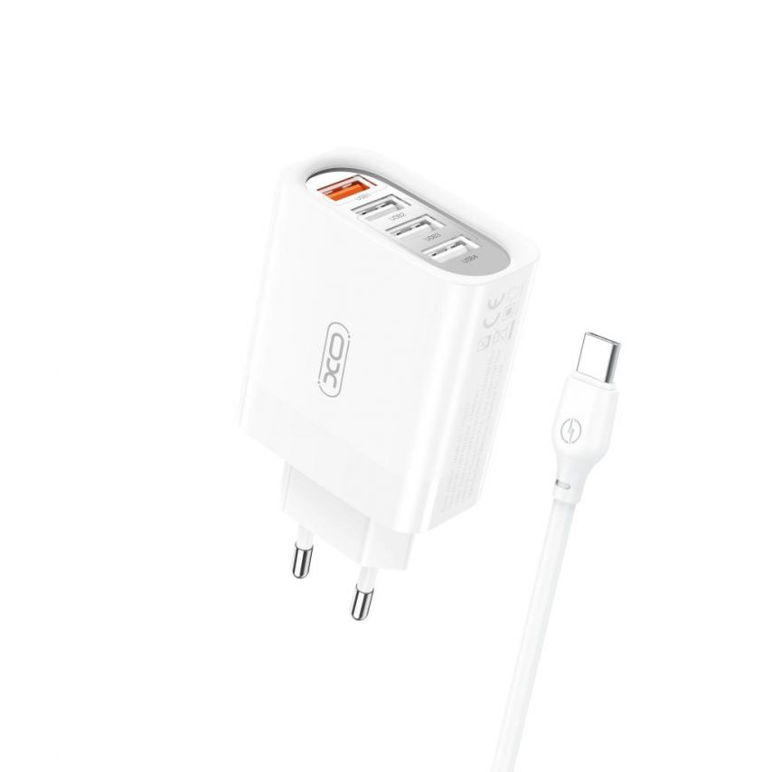 Мережевий зарядний пристрій (адаптер) XO L100 4USB / QC3.0 / 3USB_2.4A + Data Cable USB to Type-C white