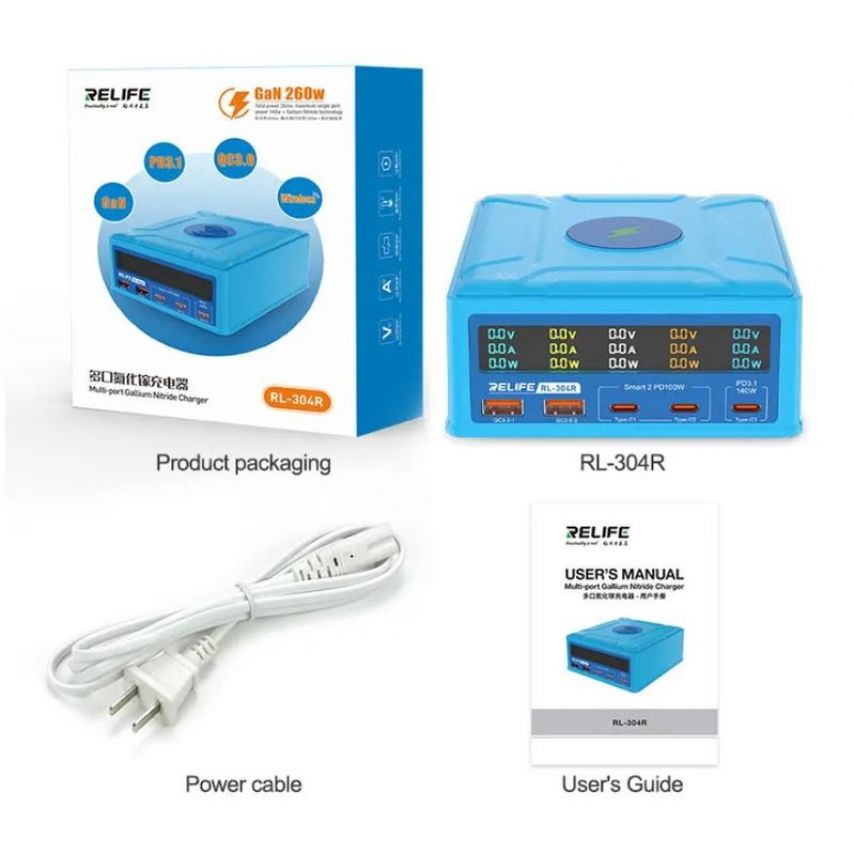 Зарядное устройство RELIFE RL-304R (5 портов, 260 Вт, Quick Charge, Power Delivery, с беспроводной зарядкой)