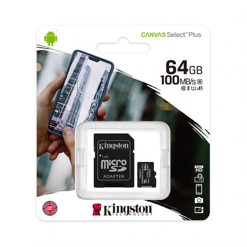 Карта пам'яті Kingston Canvas Select Plus MicroSDXC 64GB Class 10 UHS-I R100MB/s + SD-адаптер (SDCS3/64GB)