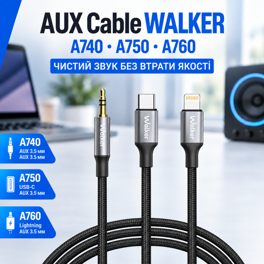 Аудіокабель WALKER A760 3.5mm - Lightning black