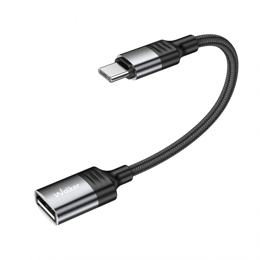 Переходник OTG WALKER WTG-02C USB2.0 to Type-C кабель 12см black/grey